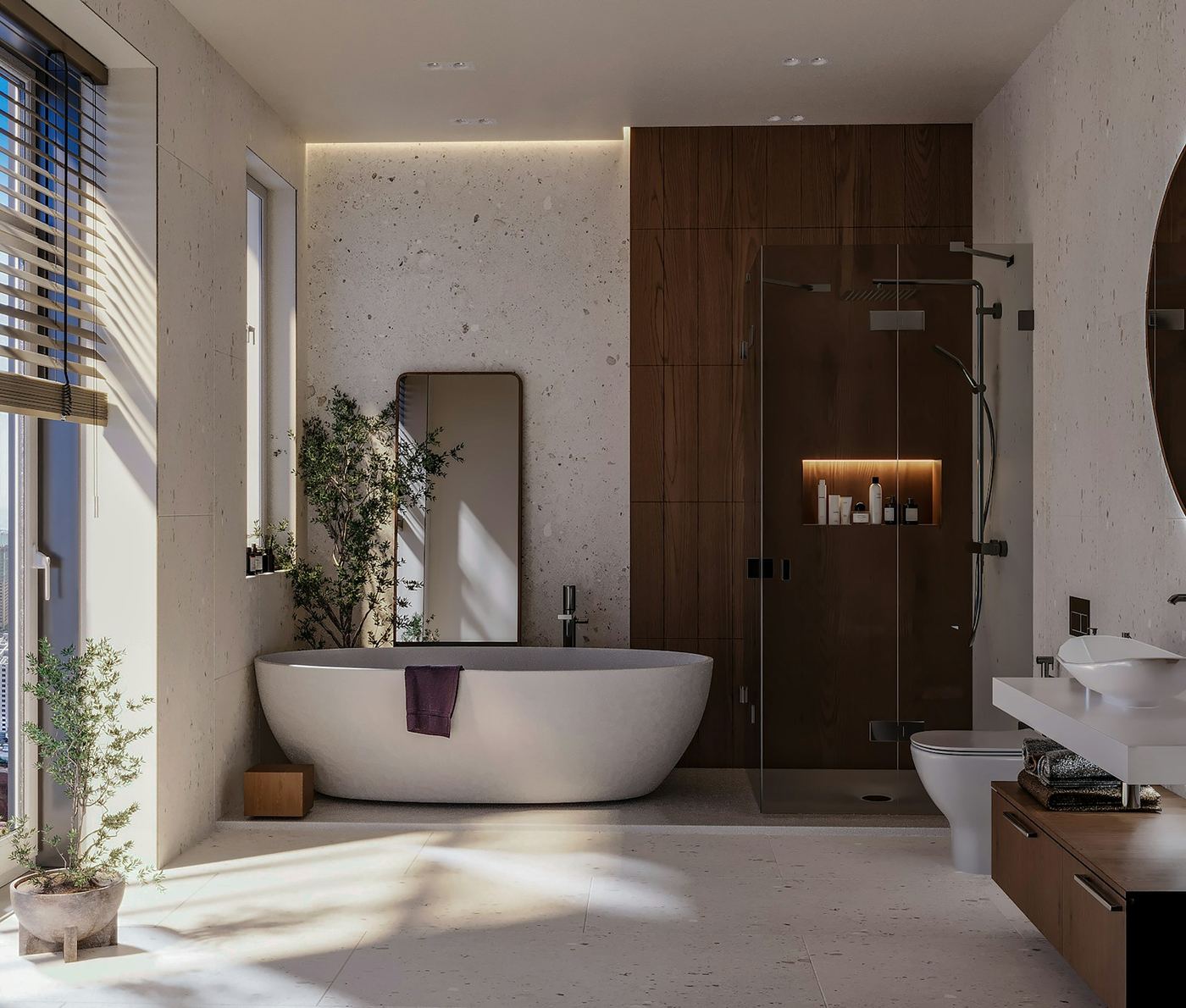 Warm wood-panelled bathroom with a freestanding bath beside a large window